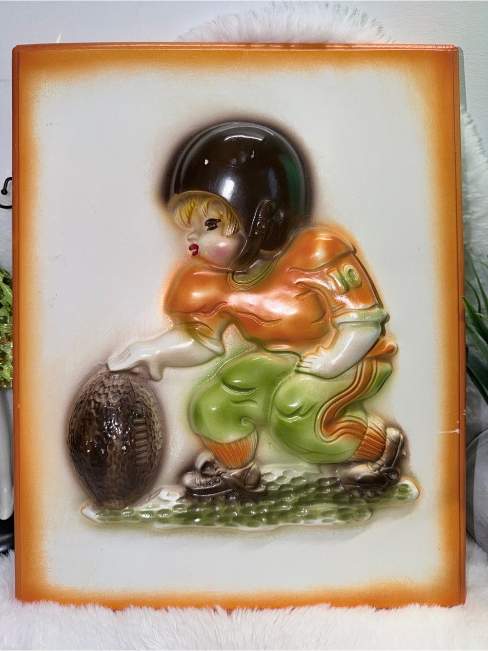 Heavy Vintage Football Boy Wall Plaque in Orange and Green 🏈 - Picture 2 of 4